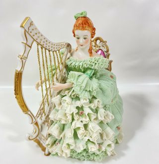 Dresden German Porcelain Lace Pink Lady Playing Harp Figurine Crown Emerald Rare