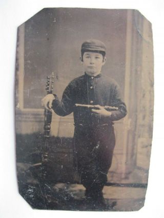 Antique Tintype Photo Victorian Young Man With Piccolo Or Flute Music Instrument