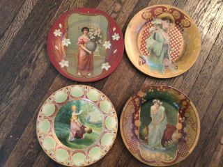 Gorgeous Set Of 4 Antique Vienna Art Plates & Royal Saxony Art Nouveau Ladies