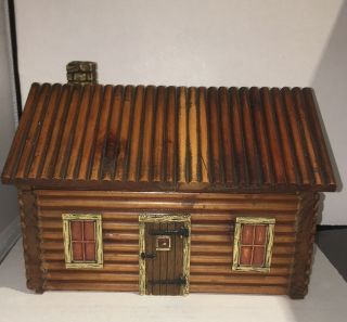 Vintage 10”x 7 1/2” X 6 3/4” Mcgraw Box Co Wood Log Cabin Trinket Box C.  1920.