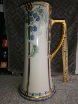 Rare Wg Limoges Art Deco Tankard France Hand Painted Grapes Pitcher 13 5/8