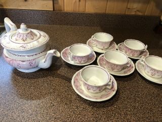 Antique Pink Luster Lustre Lusterware Teapot Teacup Tea Service For 6