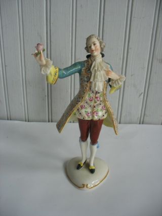 Antique Dresden Porcelain Figurine Gentleman Lace Cuffs Holding Rose Volkstedt