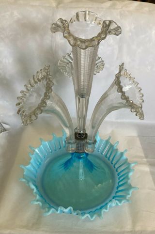 Vintage L.  G.  Wright Clear & Blue Threaded Glass 4 - Horn Lily Epergne
