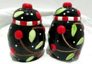 Sakura Cherries Black Salt And Pepper Shakers By Mary Engelbreit 1995