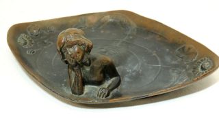 Antique Mermaid Art Nouveau Figural Girl Calling Card Tray Tobacco Bronzed Metal