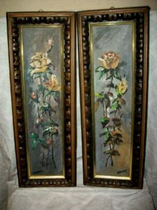 1950s Roses Oil Painting Pair Long Narrow Signed Wood Frame Vintage Mid Century
