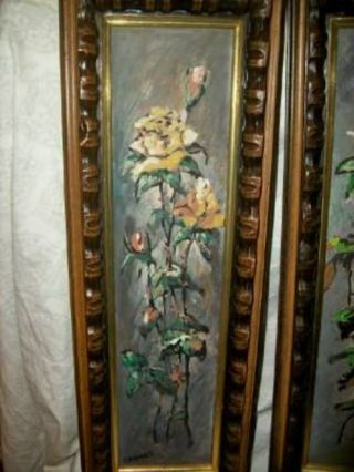 1950s ROSES OIL PAINTING PAIR LONG NARROW SIGNED WOOD FRAME VINTAGE MID CENTURY 2