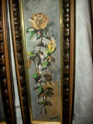 1950s ROSES OIL PAINTING PAIR LONG NARROW SIGNED WOOD FRAME VINTAGE MID CENTURY 3