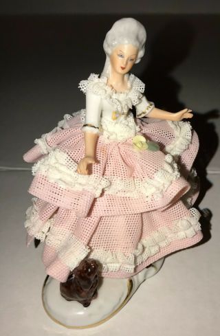 Dresden Lace Lady Woman With Dog Figurine By Höffner & Co.  Germany Pink