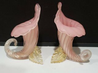 Pair Vintage Murano Silviati Glass Pink Cornucopia Vases Gold Flake Swirl Feet