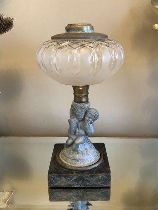 Antique Figural Oil Lamp Cherub & Dog Sheep Clear Glass Font Metal Base
