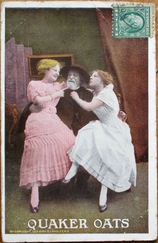 Quaker Oats 1909 Advertising Postcard: Two Women On Old Man 