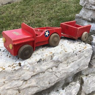 1940s Vtg Buddy L Wooden Wood Red Wwii Jeep Trailer Toy