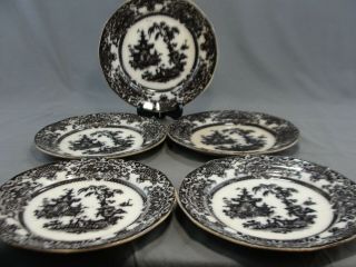 5 Antique Podmore Walker Co " Corean " Pattern Flow Mulberry Black Plates 9 5/8 " W