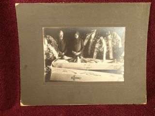 Early 1900 Girl Post Mortem Open Coffin People Large Antique Photo On Cardboard