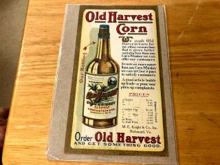 Old Harvest Corn Whiskey Knight & Co.  Richmond Va Trade Card Post Card Size