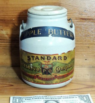 Rare Apple Butter Stoneware Preserve Jar Crock Lid Paper Label Allegheny Pa