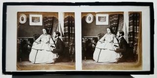 Glass Stereoview Young Mutton Chop Man Wooing Lady With Secret Lover Under Table