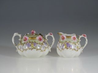 Antique Molded Pink Floral With Gold Creamer & Sugar With Lid,  Germany C.  1880