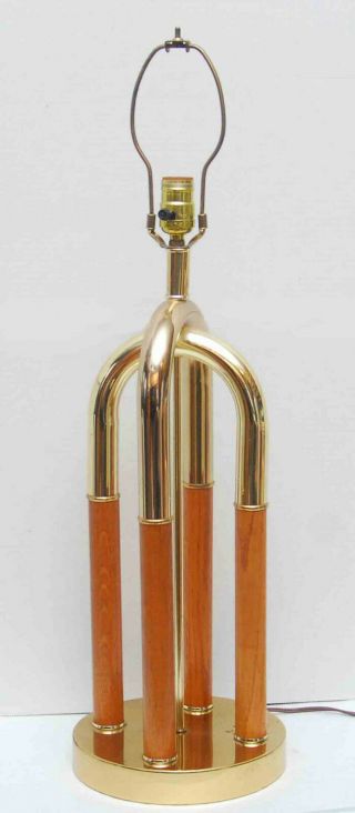 Vintage Mid Century Modern Clover Brass Wood 4 Column Lamp Hollywood Regency