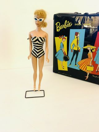 Stunning Vintage 5 Blonde Ponytail Barbie W/ Case Swimsuit Glasses Stand & Shoe