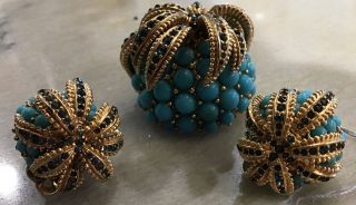 Vintage Signed Ciner Turquoise Ballotini Ball Rhinestone Clip Earrings W Pin