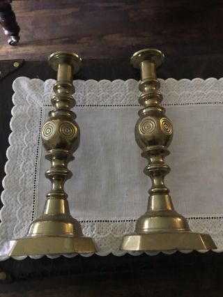 Pair Antique English Solid Brass Bullseye Good Luck Candlesticks 12 1/2 " Pd $598