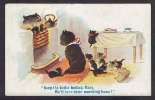 Ww1 Artist Drawn Old Postcard Anthropomorphic Cat Kittens By Fireside Inter Art
