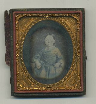 Antique 1/6 Plate Daguerreotype Photo Young Girl Blue Dress Hand Tinted