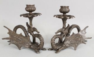 Antique Vintage Nickel On Bronze Gothic Flying Dragons Griffin Candlesticks,  Nr