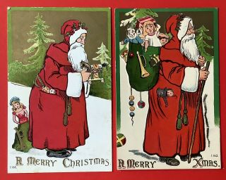 Vintage Santa Postcards (2) 1166,  1163 Red Robes,  Toy Horse,  Walking Stick