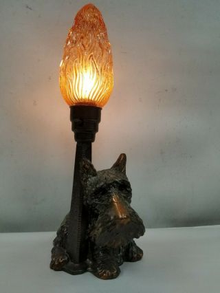 Vintage Art Deco Scottish Dog Table Lamp With Pink Flame Torch Shade