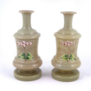 Pair Antique Victorian Bristol Glass Flower Vases Hand Painted Holders