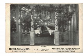 Old Postcard Hotel Columbia Philadelphia Pa Dining Room Bohemia Undivided Back
