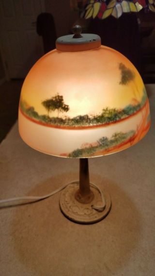 Aladdin Antique 1920’s Era Boudoir Lamp Reverse Painted Shade Cast Iron Sm Table 2