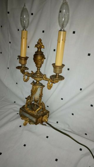 Antique French Art Deco Nouveau Candelabra Lamp Cast Brass Marble Bronze