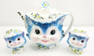 Vintage Lefton Miss Priss Kitty Cat Teapot And Salt Pepper Shakers