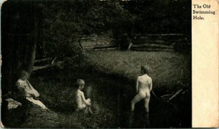 Antique Postcard Canfield Ohio " Old Swimming Hole " Skinny Dipping