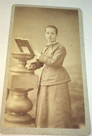Rare Antique Victorian American Girl Reading Book On Stand Wooster Oh Cdv Photo