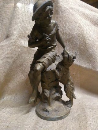 L & F Moreau Paris,  Peasant Boy Dog France Bronze Spelter Lamp Figurine Rare U - U
