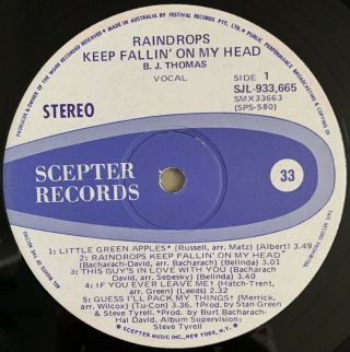 B.  J.  THOMAS RAINDROPS KEEP FALLIN’ ON MY HEAD LP SCEPTER AUSTRALIAN PRESS 3