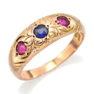 Vintage 14k Yellow Gold Sapphire & Ruby Three - Stone Band Ring 3.  7 Grams Size 6.  5