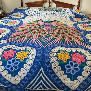 Vintage Chenille Bedspread 92” X 102” Peacock Design - Blue,  White,  Pink,  Yellow
