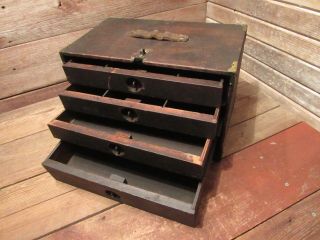 VINTAGE 1900 ' s WOOD MACHINIST TOOL BOX CHEST 4 DRAWERS 2