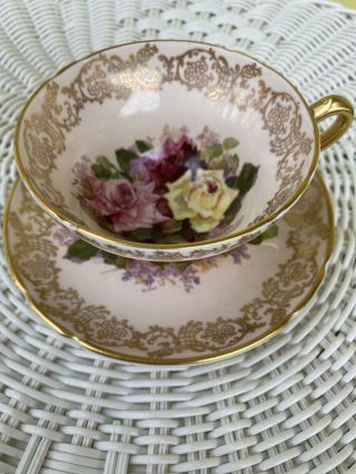 Stanley Tea Cup And Saucer Painted Cabbage Rose Peach Teacup Gold Gilt 1940s