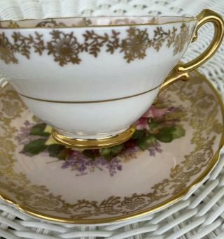 STANLEY Tea Cup and Saucer Painted CABBAGE ROSE PEACH teacup gold gilt 1940s 2