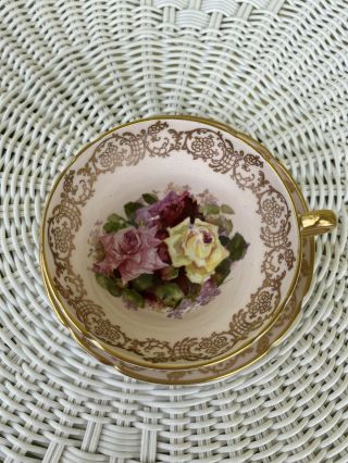 STANLEY Tea Cup and Saucer Painted CABBAGE ROSE PEACH teacup gold gilt 1940s 3