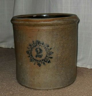 Antique 2 Gallon Primitive Stoneware Salt Glaze Pottery Crock Cobalt Blue Decor