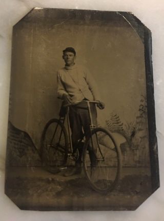 Vintage Tintype Photo Of A Man With His Bike